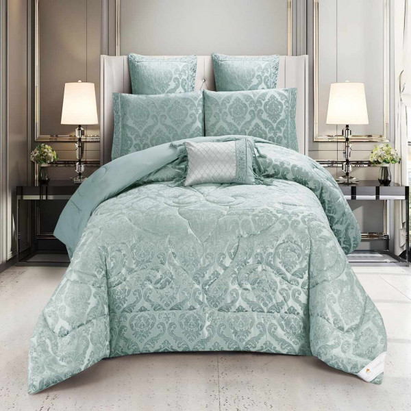 Lenjerie de pat cu elastic si pilota inclusa, bumbac tip jacquard, pat 2 persoane, 7 piese, verde, LPJ-02