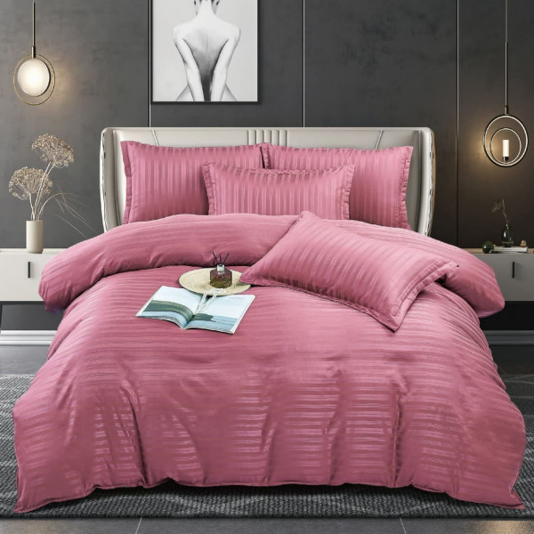 Lenjerie de pat, damasc, uni, roz, 6 piese, pat 2 persoane, Jo-Jo, DM-065