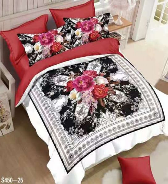 Lenjerie de pat din catifea, 2 persoane, 6 piese, rosu / negru, S450-25