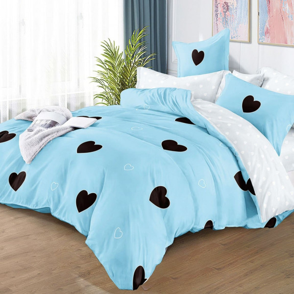 Lenjerie de pat dublu, policoton, cu elastic, bleu / negru, 4 piese, E-33