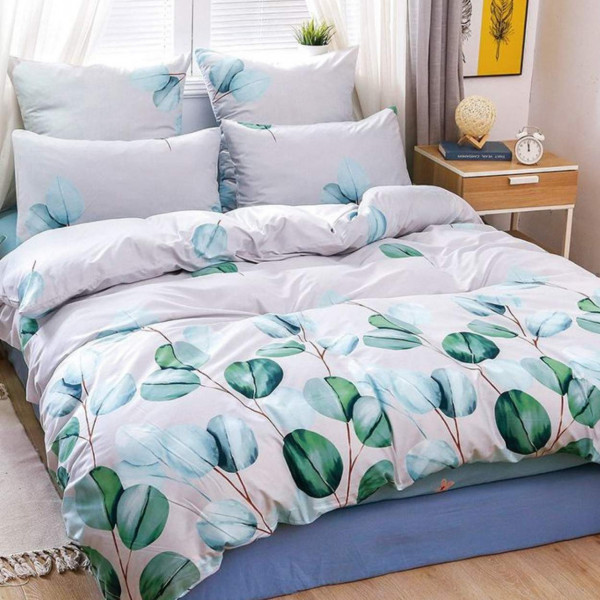Lenjerie de pat, policoton, cu elastic, dubla, alb / verde, 4 piese, E-73