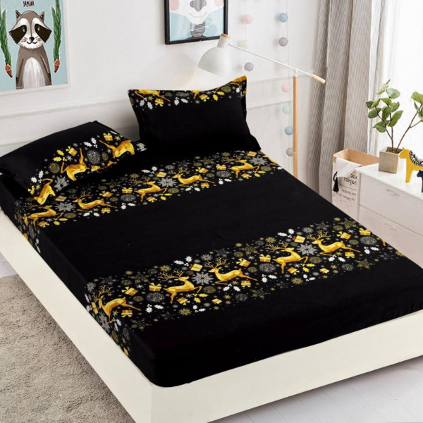 Set husa de pat Mos Craciun cu elastic si 2 fete de perna, bumbac tip finet, 3 piese, pat 2 persoane, negru / galben, HBFC-34