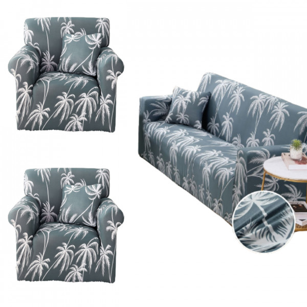 Set huse elastice pentru canapea 3 locuri si 2 fotolii, cu brate, alb / gri, SHEJ-50