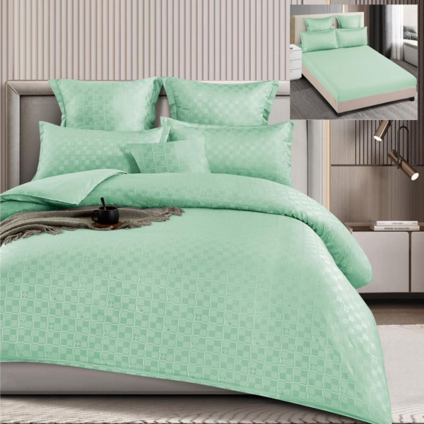 Set lenjerie de pat cu elastic, bumbac tip finet, uni, 6 piese, pat 2 persoane, verde menta, T4-03