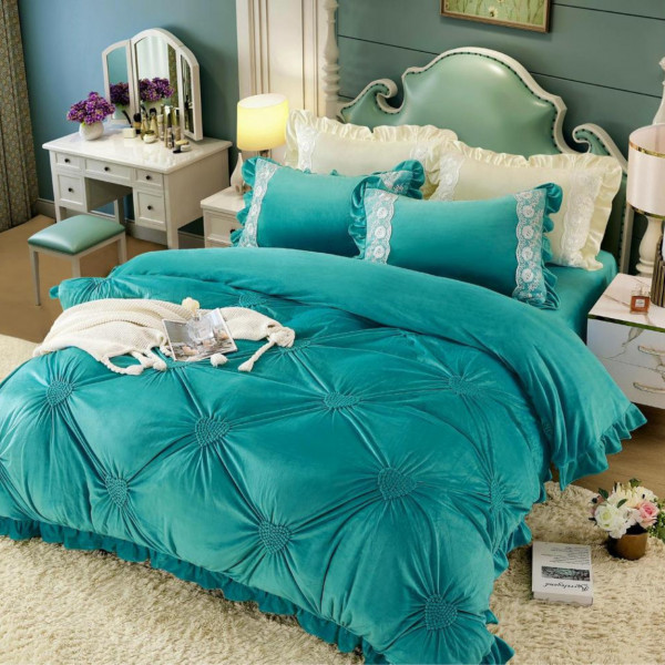lenjerie de pat din catifea culoare turquoise
