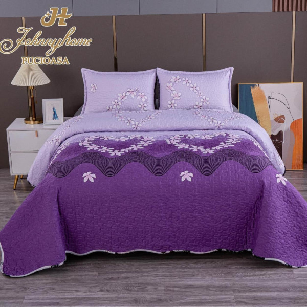 Cuvertura de pat cu 2 fete, 100% PES, 3 piese, pat 2 persoane, gri / violet, V-34A