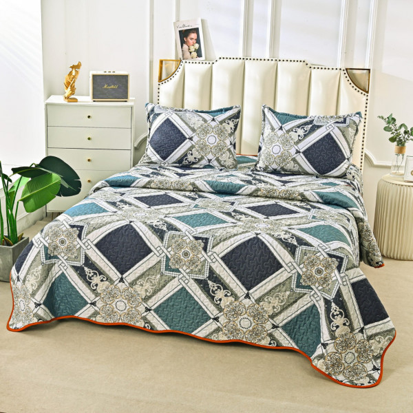 Cuvertura de pat matlasata cu 2 fete, bumbac satinat, pat 2 persoane, alb / albastru, 3 piese, CVP-43