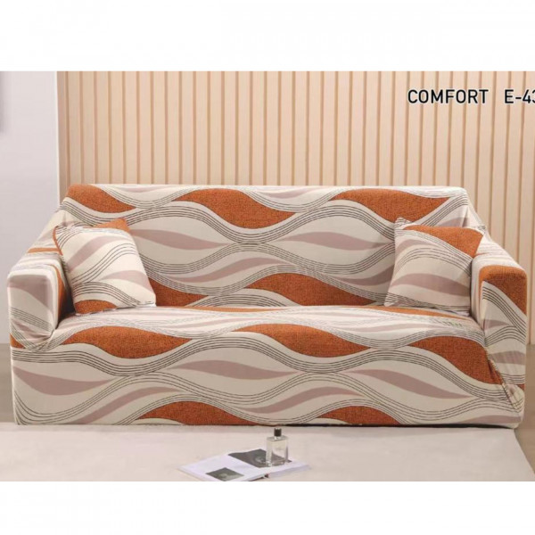 Husa elastica moderna pentru canapea 2 locuri + 1 fata de perna CADOU, cu brate, crem / portocaliu, HES2-62