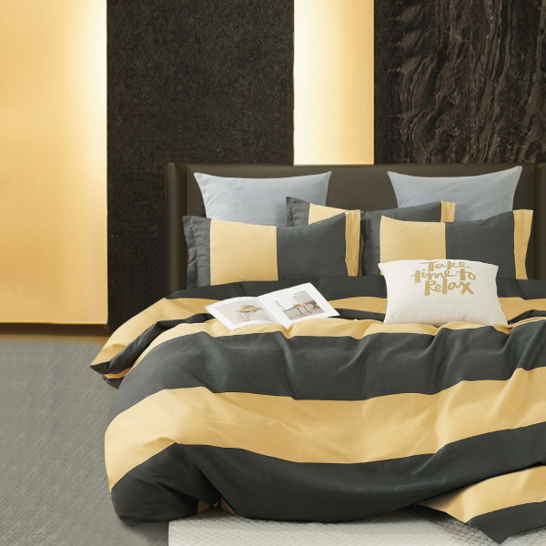 Lenjerie de pat cu 2 fete, bumbac tip finet, pat 1 persoana, 4 piese, negru / galben, FNJ1-205
