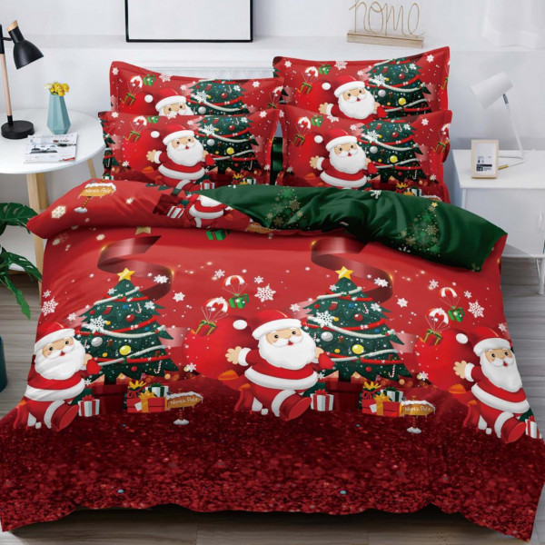 Lenjerie de pat Mos Crăciun cu elastic, bumbac tip finet, 6 piese, pat 2 persoane, rosu, FNJEC-26