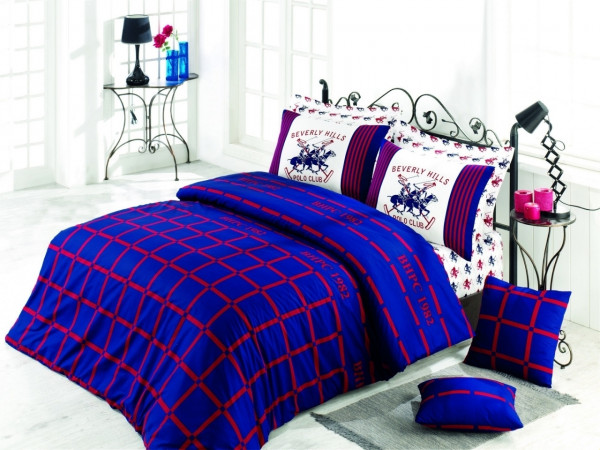 Lenjerie de pat pentru o persoana, Red&amp;Blue, Beverly Hills Polo Club, 3 piese, 160 x 240 cm, 100% bumbac ranforce, multicolora