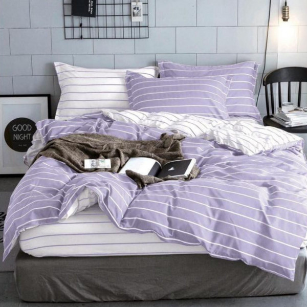 Lenjerie de pat policoton cu elastic dubla, alb / lila, 4 piese, E-34