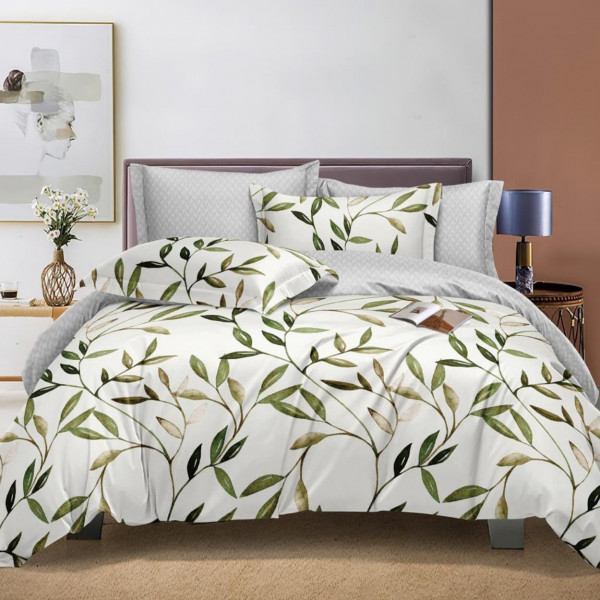 Lenjerie de pat policoton cu elastic dubla, verde / crem, 4 piese, E-45
