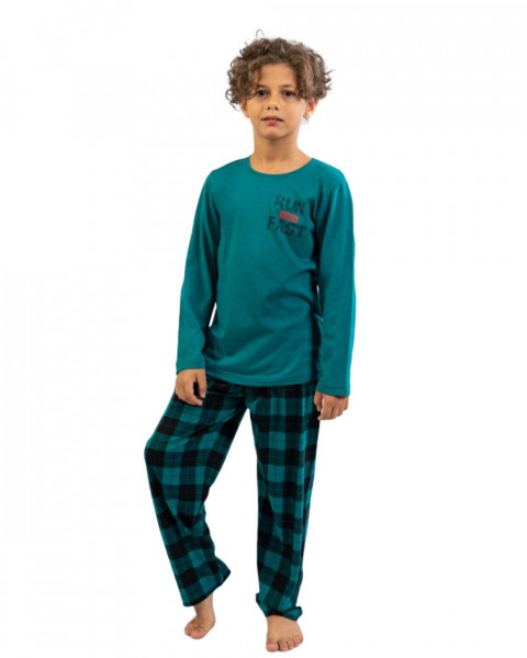 Pijama Vienetta Kids, Bumbac 100%, Verde Inchis, Run Fast