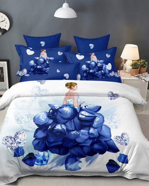 Set Lenjerie de Pat cu 2 Fete, Bumbac Tip Finet, 6 Piese, Pat 2 Persoane, Albastru / Alb, Flower Dress, A2-18