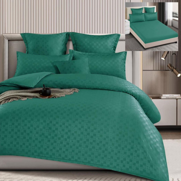 Set lenjerie de pat cu elastic, model embosat, bumbac tip finet, uni, 6 piese, pat 2 persoane, verde, T4-14