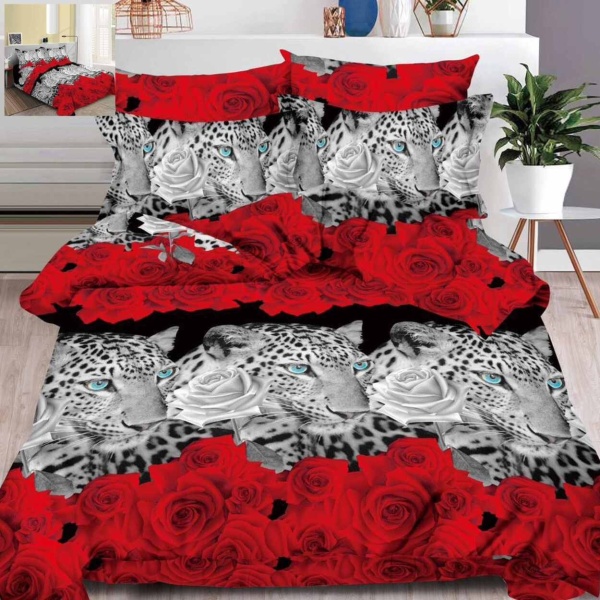 Set Lenjerie de pat, imprimeu 3D cu animale, pentru pat 2 persoane, 6 piese, gri / rosu, B60-11
