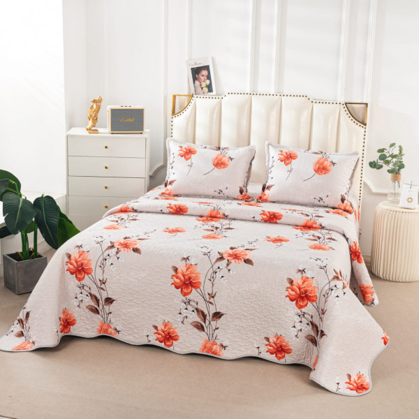 Cuvertura de pat matlasata cu 2 fete, bumbac satinat, pat 2 persoane, portocaliu / maro, 3 piese, CVP-151