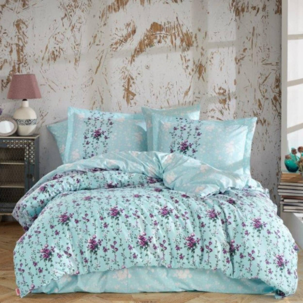 Lenjerie de pat, bumbac poplin 100%, turquoise, hobby, 4 piese, HBP-78