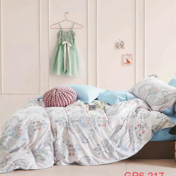 Lenjerie de pat, bumbac tip finet satinat, pat 2 persoane, roz pal / bleu, 6 piese, FNY-81