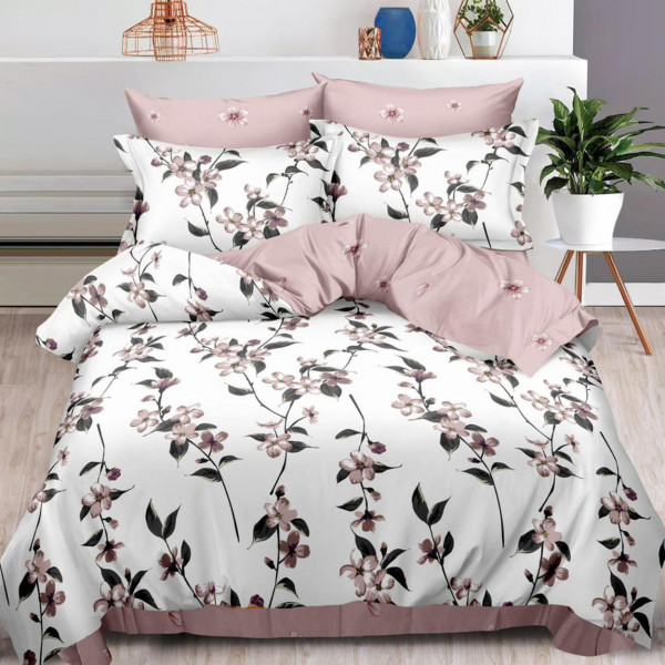 Lenjerie de pat cu elastic, bumbac tip finet, pat 2 persoane, alb / roz, 6 piese, FN-564