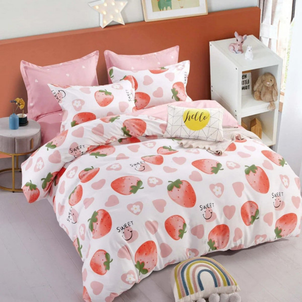 Lenjerie de pat cu elastic, bumbac tip finet, pat 2 persoane, alb / roz , 6 piese, FNJE-83