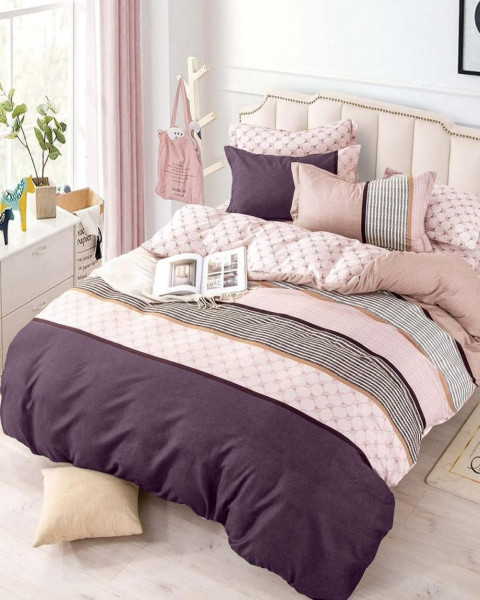 Lenjerie de pat cu elastic, bumbac tip finet, pat 2 persoane, roz pal, 6 piese, FNJE-22