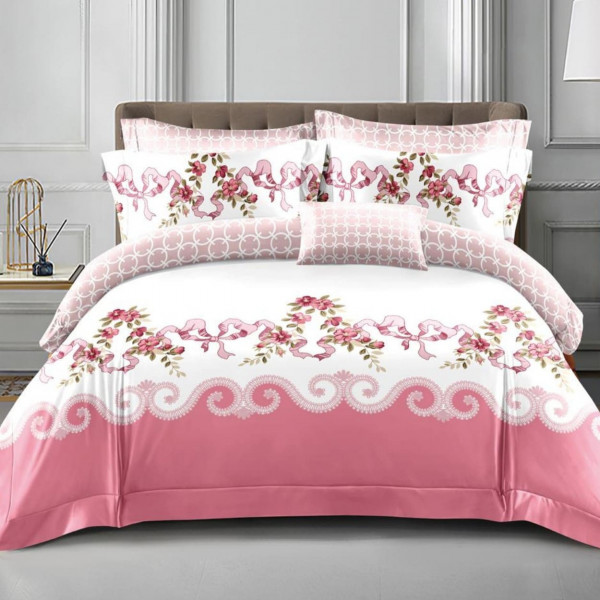 Lenjerie de pat policoton cu elastic dubla, alb / roz, 4 piese, E-56