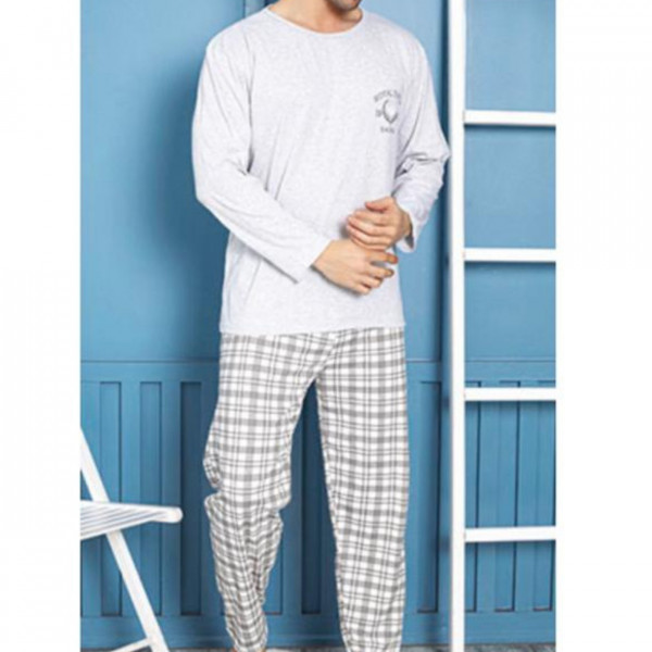 Pijama barbati, bumbac, alb / gri, PB-108