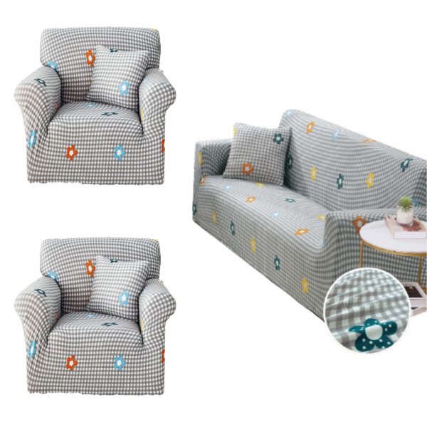 Set huse elastice pentru canapea 3 locuri si 2 fotolii, cu brate, alb / gri, SHEJ-39