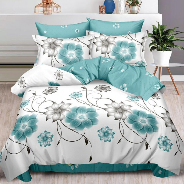 Set lenjerie de pat cu elastic, bumbac tip finet, 6 piese, pat 2 persoane, alb / turquoise, FNE-195