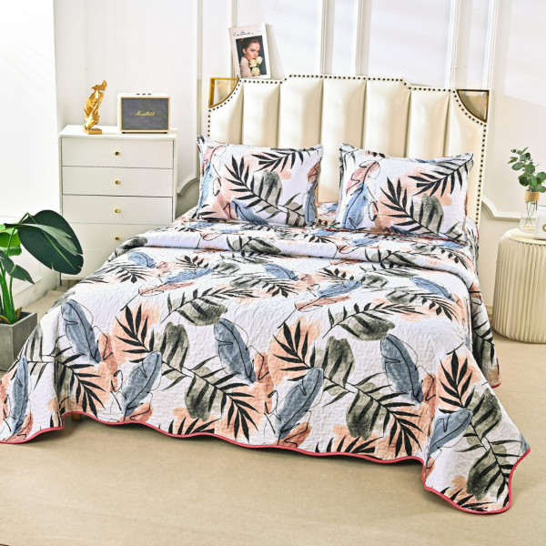Cuvertura de pat matlasata cu 2 fete, bumbac satinat, pat 2 persoane, alb / rosu, 3 piese, CVP-44