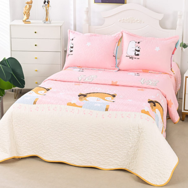 Cuvertura de pat matlasata cu 2 fete, bumbac satinat, pat 2 persoane, roz / turquoise, 3 piese, CVP-67