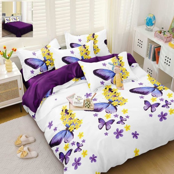 Lenjerie de pat cu 2 fete, policoton, 4 piese, pat 2 persoane, alb / violet, A50-688