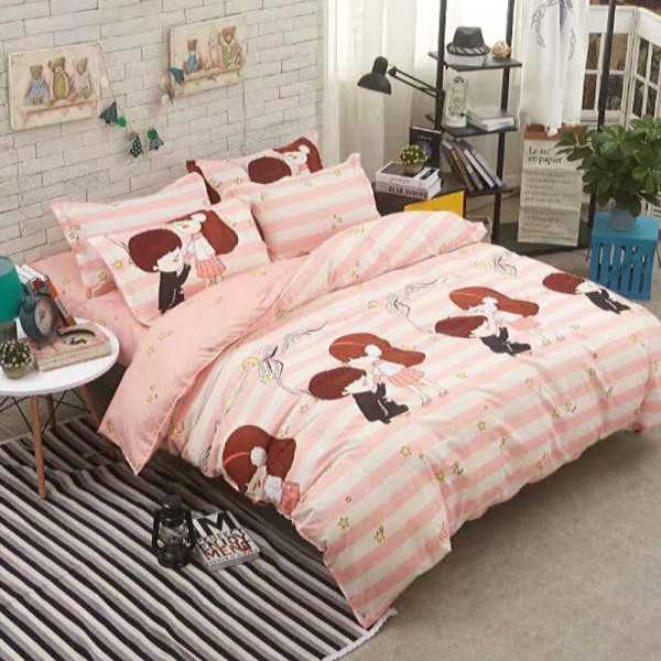 Lenjerie de pat cu 2 fete, policoton, pat 2 persoane, 4 piese, roz, R4-355