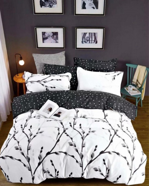 Lenjerie de pat cu elastic, bumbac tip finet, pat 2 persoane, alb / negru, 6 piese, FNJE-43