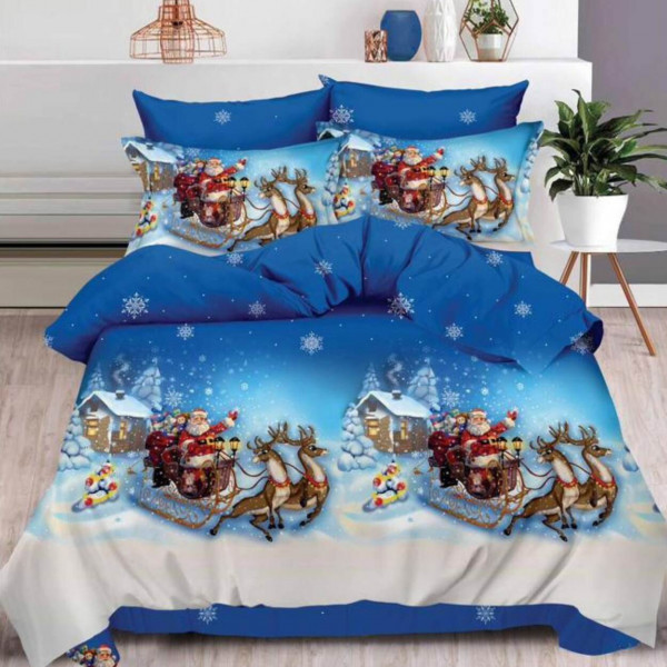 Lenjerie de pat Mos Craciun cu elastic, bumbac tip finet, pat 2 persoane, albastru / alb, 6 piese, QT-04