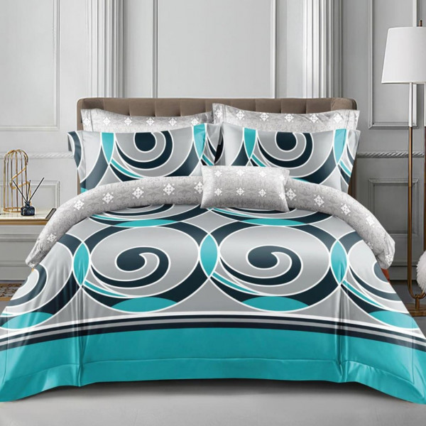 Lenjerie de pat policoton cu elastic dubla, bleu / gri, 4 piese, E-63
