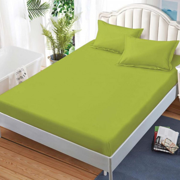 Set Husa de Pat cu Elastic si 2 Fete de Perna, Bumbac Tip Finet, Uni, Pat 2 Persoane, Verde Deschis, HBFJ-140