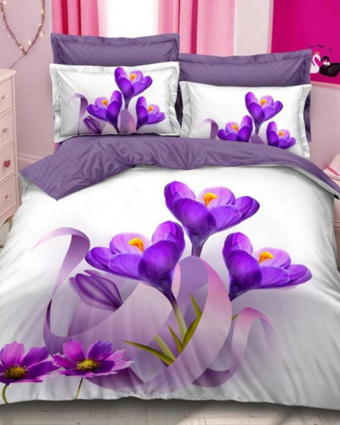 Set Lenjerie de Pat cu 2 Fete, Bumbac Tip Finet, 6 Piese, Pat 2 Persoane, Violet / Alb, Purple Flowers, A2-20