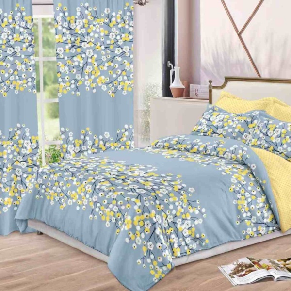 set complet format din lenjerie de pat si draperie, culoare galbena / albastru deschis