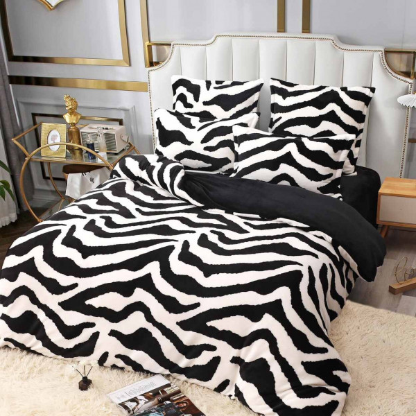 Set lenjerie pufoasa cocolino cu 2 fete, pat 2 persoane, 6 piese, negru / alb, LCJ6-80