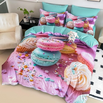 🍬 Lenjerie de Pat 6 Piese Turcoaz Roz | Macarons Party | Imprimeu Digital 5D | Finet Catifelat | Jojo Home
