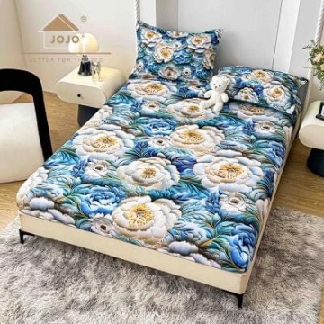 Husă de pat Finet 5D bleu cu flori albe + 2 fețe de pernă | JoJo Home