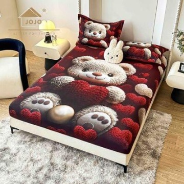 Husă de pat Finet 5D vișinie cu ursuleț + 2 fețe de pernă | JoJo Home