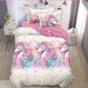 Lenjerie de pat 1 persoană Unicorn Roz 4 piese, cu cearceaf cu elastic, Policoton – Johnny Home Pucioasa