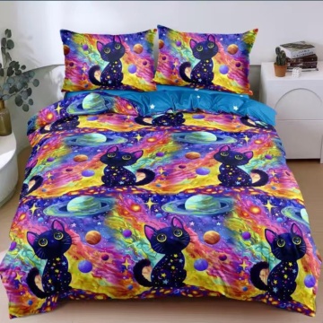 Lenjerie de pat albastră cu pisici cosmice și planete, 4 piese, policoton