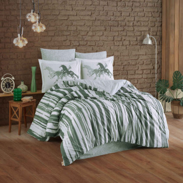 Lenjerie de pat Cascade, bumbac poplin 100%, 4 piese, pat 2 persoane, alb / verde