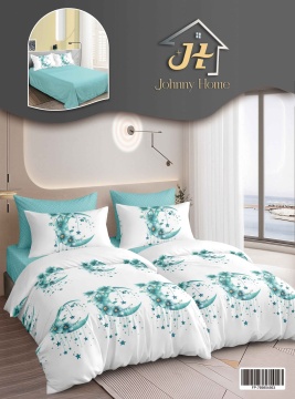 Lenjerie de pat cu 2 pilote, 7 piese, 160x220 cm – Alb și albastru cu luni și stele | Johnny Home