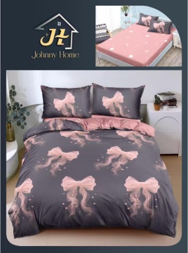 Lenjerie de pat cu elastic 2 persoane | gri antracit si roz cu fundite | 4 piese | Policoton fin | Johnny Home